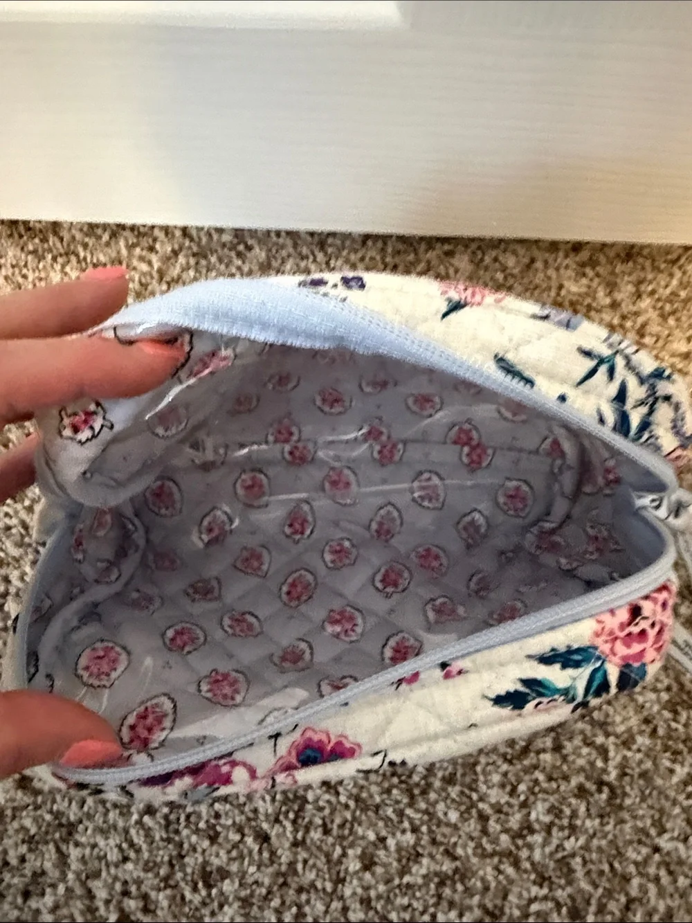 Vera Bradley Quilted Floral Zip Cosmetic Pouch in White with Blue and Pink